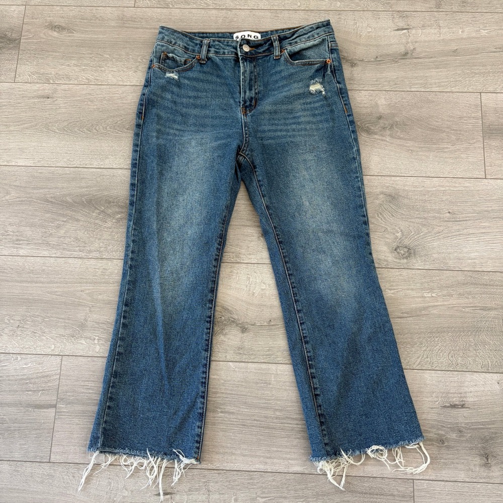 S.O.N.G. Distressed Raw Hem Straight Leg Jeans Womens 9/29 Medium Wash Denim SEO
